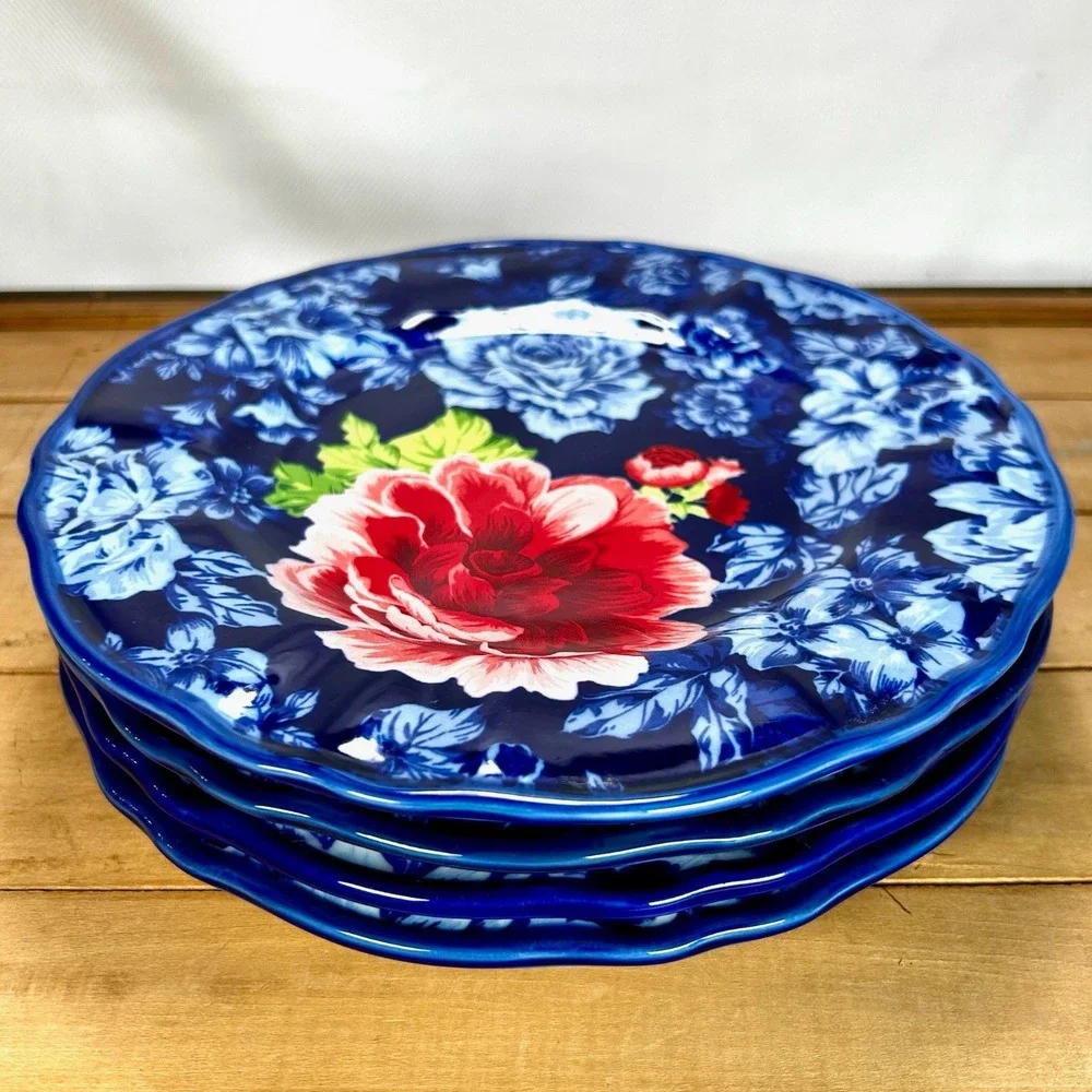 Pioneer Woman Heritage Floral Salad/Dessert Plates Cobalt Blue Floral Set Lot 4